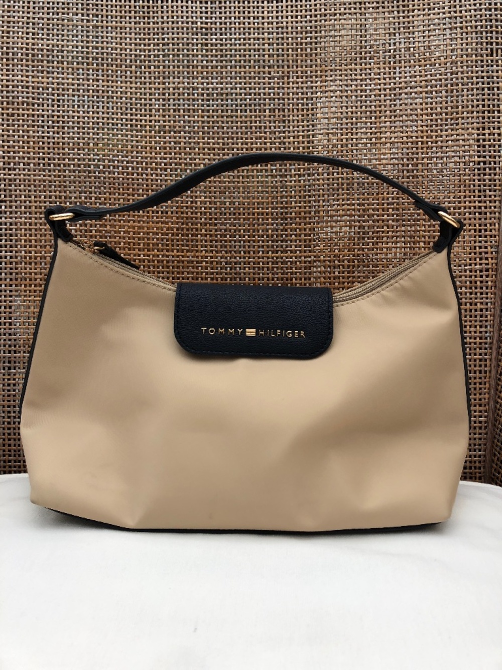Tommy Hilfiger Tan and Navy Blue Canvas and Leather Shoulder Bag